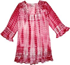 The versatile, natural design of this dress lends to the breezy and relaxed boho lifestyle and flatters every frame. A part of our boho boutique collection this dress or long tunic top is a harmonious mix of pink and merlot with crochet accents. This airy rayon tunic/dress turns a casual big-shirt silhouette into a style confection and is all about elegant construction, flattering fit and a beautiful way to wear a current trend. Let your free spirit loose in this dress that floats weightlessly o Red Tunic Blouse For Summer, Flowy Red Bohemian Blouse, Red Flowy Bohemian Blouse, Bohemian Blouse With Crochet Trim For Summer, Pink Bohemian Tunic For Spring, Bohemian Rayon Blouse For Vacation, Red Bohemian Tunic For Spring, Bohemian Flowy Tunic For Spring, Bohemian Red Tops With Lace Trim