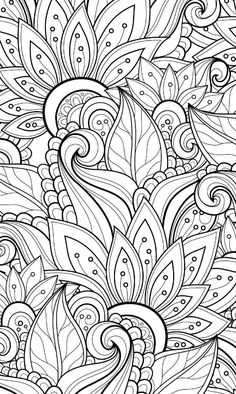 an intricate coloring page with lots of flowers and leaves in black and white, as well as