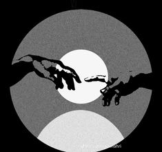 two hands reaching out towards each other in front of a white and black circle with the moon behind them