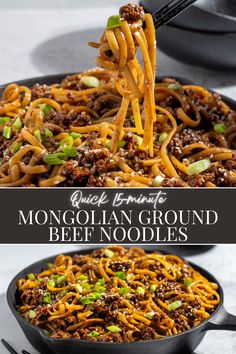 Mongolian ground beef noodles in a skillet with chopticks.