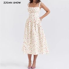 Flower Print Sling Dress Style Lace Square Collar Swing Midi – lastrafashion Retro Square Neck Midi Summer Dress, Retro Square Neck Midi Dress For Summer, Beige Retro Summer Dress, Spring Vintage Sleeveless Midi Dress, Vintage Sleeveless Midi Dress For Spring, Vintage Midi Sundress For Spring, Vintage Spring Dresses With Spaghetti Straps, Vintage Spring Dress With Spaghetti Straps, Vintage Spaghetti Strap Dresses For Spring