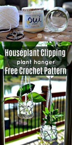 two hanging planters with plants in them and the words houseplant clipping plant hanger free crochet pattern