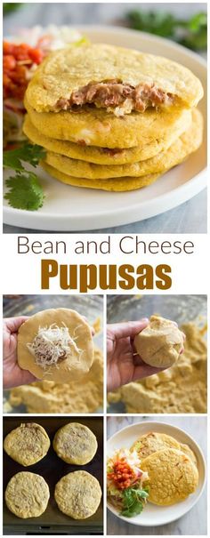 the process of making bean and cheese puduas is shown in this collage