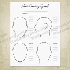 "A Hair Cutting Guide Printable form is the perfect solution to documenting your latest haircuts. Write down your clipper sizes next to each drawing ... never forget those guard numbers again! All you will need is the latest version of Acrobat Reader (free) at http://get.adobe.com/reader/ This PDF cannot be edited, it is for printing only. WHAT YOU GET (1 PDF): * PDF Hair Cutting Guide Form - 8.5 x 11\" (portrait) SPECIFICATIONS: * US Letter Size 8.5 x 11\" * Black Content * White Margins SHIPPI Cosmetology State Board Exam, Cosmetology State Board, Hot Mess Hair, Cosmo School, Vellus Hair, Hair Cut Guide, Free Haircut, Hair Science, Inverted Bob Haircuts