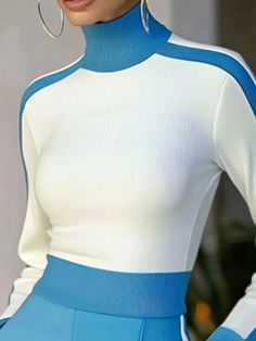 Regular Sleeve Regular Fit Split Joint Casual Sweater Sporty Long Sleeve Color Block Sweater, White Ribbed Long Sleeve Turtleneck, Trendy White Turtleneck For Spring, White Knit Turtleneck With Long Sleeves, White Knit Long Sleeve Turtleneck, White Ribbed Turtleneck For Layering, Sporty Color Block Tops For Winter, Sporty Color Block Winter Tops, Stretch Ribbed White Turtleneck