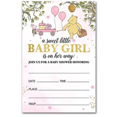 a pink and gold baby shower card with a teddy bear in a wagon on it