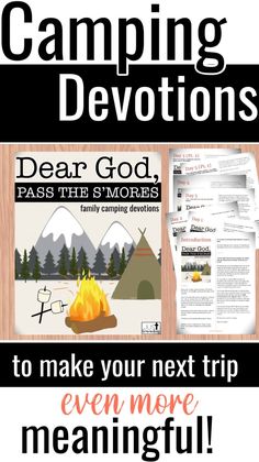 a poster with the words camping devitions and an image of a campfire