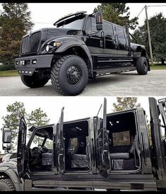 two pictures side by side of a black truck