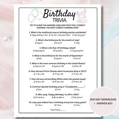 the birthday trivia is on display in front of a pink background with confetti