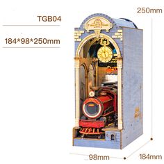 a toy train is in the shape of a grandfather clock, and measurements are shown