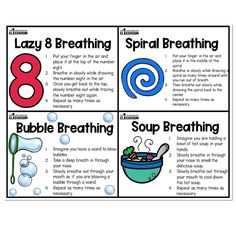 four posters with different types of soaps and the words, lazy 8 breathing, spiral breathing