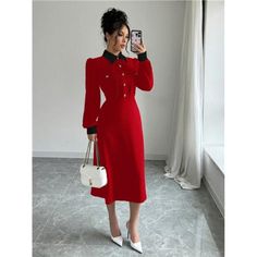 -Item Id 44173621 -Details: Button Front -Neckline: Collar -Sleeve Type: Puff Sleeve -Style: Elegant -Type: Shirt -Waist Line: High Waist -Hem Shaped: Flared -Color: Red -Pattern Type: Colorblock, Plain -Sleeve Length: Extra-Long Sleeve -Fit Type: Slim Fit -Length: Midi -Material: Knitted Fabric -Composition: 95% Polyester, 5% Elastane -Care Instructions: Machine Wash Or Professional Dry Clean -Sheer: No -Fabric: Slight Stretch **Open To Offers!!!** **Bundle To Save More** **30% Off Bundles Of 2 Extra Long Sleeves, Classy Chic, Red Pattern, Chic Boutique, Style Elegant, Boutique Dresses, Women's Casual, Sleeve Type, Casual Dresses For Women