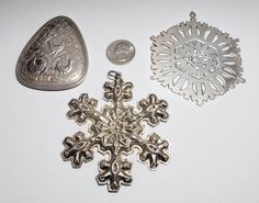 Three Sterling Silver Vintage Christmas Ornaments. Made in the 1970s. Three French Hens by Towle (1973), 3D Snowflake by Gorham (1976) and a stylized Flat Snowflake by MMA (1972). These have original patina but will take a high polish if desired. If these are speaking to you, it includes FREE SHIPPING. Candlestick Phone, Three French Hens, 3d Snowflake, French Hens, Antique Candle Sticks, 3d Snowflakes, Malachite Bracelet, Mill Valley, Vintage Christmas Ornaments