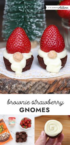 chocolate strawberry gnomes with white frosting and strawberries on top, surrounded by other treats