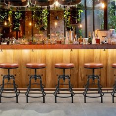 four stools in front of a bar with plants growing on the wall behind it