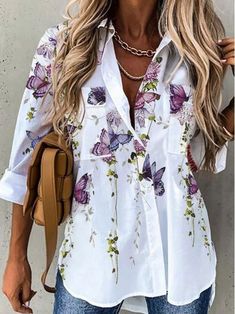 Buy Inexpensive Shirts at Zolucky online store, SPU: 2940SH77CBFF, Color: White, Theme:Spring/Fall, Clothes Length:Regular. Casual Shirt Women, Floral Print Shirt, Loose Shirts, Loose Blouse, Loose Tops, Casual Blouse, Plus Size Blouses, Amelie, Long Sleeve Casual