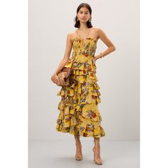 Yellow floral (100% Cotton). Cocktail dress. Sleeveless. Halter neck. Back zipper closure. 47" from shoulder to hemline. Imported. Strapless Floral Print Midi Dress For Brunch, Strapless Floral Print Midi Dress For Garden Party, Strapless Midi Dress With Floral Print For Brunch, Strapless Sundress With Floral Print, Floral Print Strapless Midi Dress For Vacation, Floral Print Strapless Sundress For Day Out, Strapless Floral Print Maxi Dress For Casual Wear, Strapless Floral Print Maxi Dress For Dress Down, Casual Floral Print Strapless Dress For Spring