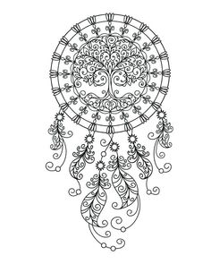 a black and white drawing of a dream catcher with intricate designs on the front side