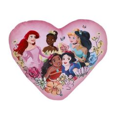 a pink heart shaped box with disney princesses on the front and sides, all in different colors