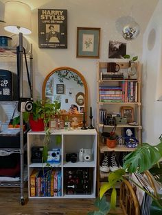 a living room filled with lots of furniture and plants on top of shelves next to a mirror