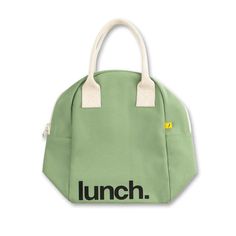 lunch bag in green and white with the word lunch printed on it