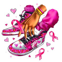 a person's hand on top of pink sneakers with hearts and ribbons around them