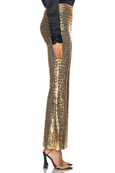 Self 1 & Lining: 100% polyester, Sequin: 100% polyethylene terephthalate.  Made in China.  Spot clean only.  Hidden side zipper closure.  High-waist fit.  Sequin embellished fabric.  .  .  .  .  .  .  .  .  .  . Glamorous High Waist Embellished Pants, Glamorous High-waist Embellished Pants, Chic High Waist Embellished Pants, Embellished Fitted Wide-leg Bottoms, Luxury Sequined Bottoms For Formal Occasions, Luxury Sequined Evening Pants, Luxury Sequin Pants For Evening Wear, Luxury Sequined Pants For Evening, Chic Gold Sequined Bottoms