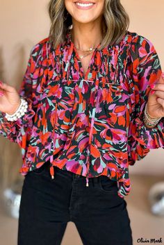 Olivia Mark - Bold Red Dahlia Abstract Floral Blouse with Elegant Shirred Detail and Chic Puff Sleeves Vibrant Red V-neck Top, Vibrant Red Long Sleeve Tops, Vibrant Red Tops For Fall, Vibrant Red Top For Fall, Vibrant Red Floral Print Blouse, Red Dahlia, Shirred Blouse, Lisa Fischer, Comfortable Blouses