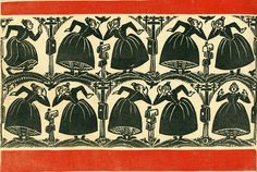 an old book with some black and red designs on the front cover, including women in dresses