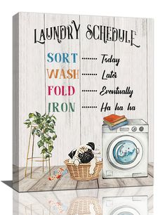 a laundry schedule is displayed on a white wooden background with an ironing board and washer