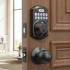 an electronic door lock on a wooden door