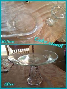 before and after photos of cake stand with clear glass plates on the top, bottom and bottom