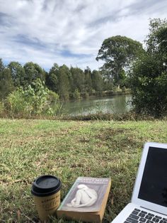 an open laptop computer sitting on top of a grass covered field next to a cup of coffee