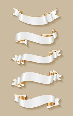 four white ribbons with gold trims on a beige background, set of three different sizes