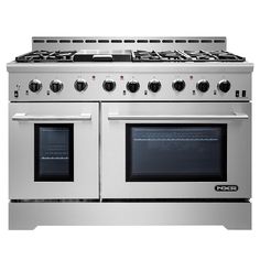 a silver stove top oven with two burners on each side and one door open