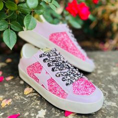 Step out in style with these Pink Stars In Cali Sneakers! The perfect pastel choice to show off your wild side, these pink leather sneakers feature pink glitter sequins, a pink star on the side, leopard shoe laces, and gold leather details, all while keeping your feet comfy with the cushiony soles. #sneakernirvana! Leopard Shoe, Leopard Shoes, Pink Star, Star Shoes, Glitter Stars, Pink Stars, Gold Leather, Pink Glitter, Pink Leather