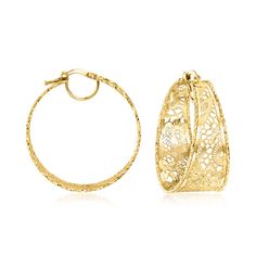 Ross-Simons - Italian 14kt Yellow Gold Textured, Polished Lace Hoop Earrings. 1 1/4". From Italy, these intricately designed hoop earrings will bring a delicate and feminine flair to your ensemble. Artfully crafted in beaming 14kt yellow gold, a lacy openwork pattern with textured and polished finishes shimmers at every turn. Hanging length is 1 1/4". Snap-bar, 14kt yellow gold lace hoop earrings. Elegant Hinged Yellow Gold Hoop Earrings, Elegant Small Hoop Hinged Earrings, Elegant Small Hinged Hoop Earrings, Elegant Hinged Small Hoop Jewelry, Elegant Small Hinged Hoop Jewelry, Luxury Hinged Jewelry, Luxury 14k Gold Earrings With Intricate Design, Gold Hoop Earrings With Intricate Design, Elegant Hinged Hoop Earrings For Formal Occasions