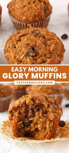 two muffins on top of each other with text overlay that reads easy morning glory muffins