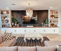 a living room filled with furniture and a flat screen tv mounted to the side of a wall