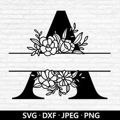 svg dxf font with flowers and leaves on it, in black and white