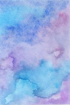 an abstract watercolor painting with blue, pink and purple clouds in the sky on white paper