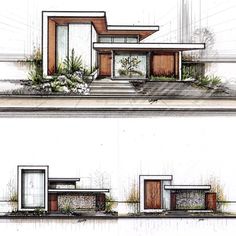 two drawings of the front and side of a house