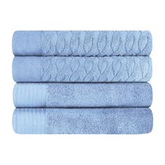 four blue towels stacked on top of each other