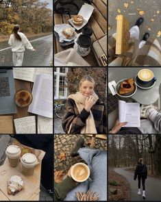 a collage of photos with coffee, books and food