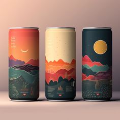 three cans of beer with mountains and sunsets on the front, one is empty