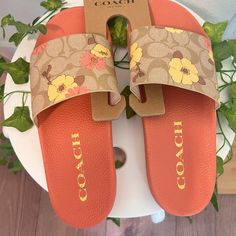 Signature Coated Canvas Upper Mesh Lining, Eva Footbed Rubber Outsole Slip On Style No. Ci123 Coach Slides, Coach Sandals, Pretty Sandals, Random Items, Girly Shoes, Signature Canvas, Slide In, Dream Shoes, Coach Shoes