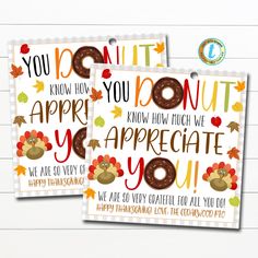 two thanksgiving greeting cards with donuts and fall leaves on them, one says you know how to do it