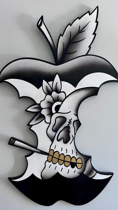 This hand cut fine grade birch plywood is painted with oil based enamels. This paint is durable and glossy.   Original tattoo flash design by @streetarteagle Different Leaf Drawings, Apple Skull Tattoo, Dark Mirror Tattoo, Old Skool Tattoo Design, The Craft Tattoo Ideas, Simple Colored Tattoos, Horn Tattoo Design, Ak Tattoo Design, Black And Grey Drawings