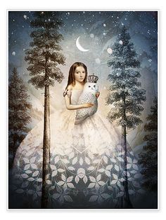 a painting of a girl holding an owl in the woods with trees and moon behind her