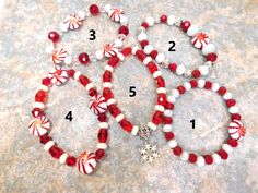 These elastic bracelets make nice Christmas jewelry for the young and old.  They are minty fresh so to speak.  They make good stocking stuffers or Christmas gifts for hairdressers, postmen, your doctor, friends, or anyone you need a small gift for.  The bracelets are made with 16mm peppermint discs beads, with red, white, crystal, and silver filigree beads and white rondells and a snowflake charm 1- 7 inches long 2- 7 inches long 3- 7.5 inches long 4- 7.5 inches long 5- 7 inches long Holiday Beaded Jewelry, Doctor Friends, Bracelets Red, Holiday Beading, Red White Christmas, Best Stocking Stuffers, Clay Bracelet, Christmas Bracelet, Holiday Jewelry